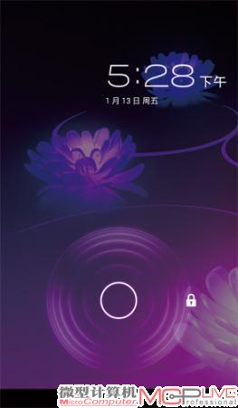 解锁界面 与Android 3.x圆环解锁方式一样，不支持直接解锁至应用，也不支持人脸识别。不过关屏界面加入了类似Android 2.3的电视关屏效果。