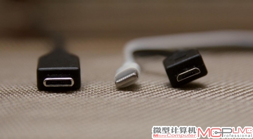 USB 3.1 Type-C接口(左)与雷电(中)、Micro USB接口(右)对比，更大、更厚实。