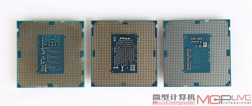 正式版Core i7 6700K处理器(中)对比Core i7 5775C(右)、Core i7 4790K(左)处理器。