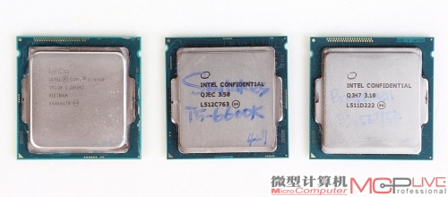 工程版Core i5 6600K处理器(中)对比Core i5 5675C(右)、Core i5 4460(左)处理器。